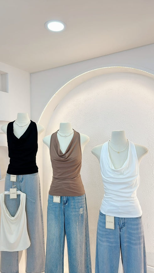 Women Backless Halter Neck Cowl Neckline Tops